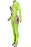 Fluorescent Green Sexy Solid Hollowed Out Patchwork Zipper Collar Skinny Jumpsuits
