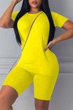 Yellow knit Sexy Solid Two Piece Suits Patchwork Straight Short Sleeve