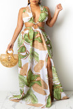 Yellow Sexy Print Bandage Hollowed Out Patchwork Backless Halter A Line Dresses