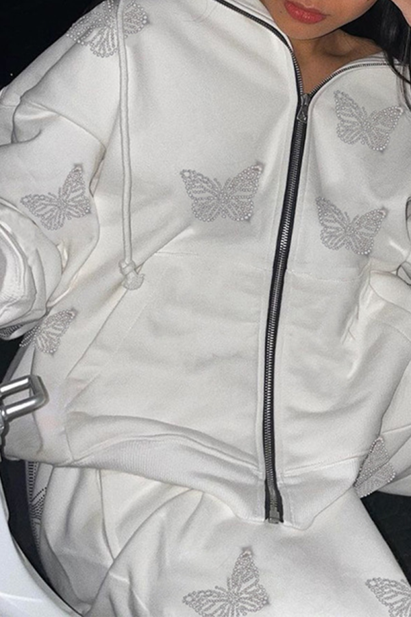 White Casual Butterfly Print Patchwork Hooded Collar Outerwear