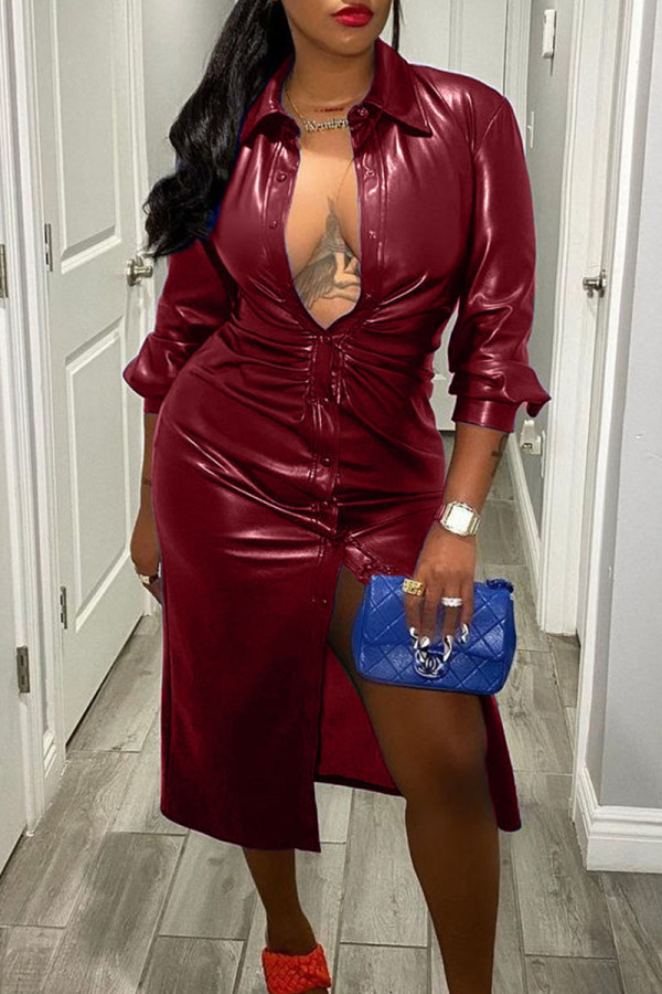 Burgundy Casual Solid Patchwork Buckle Turndown Collar Outerwear