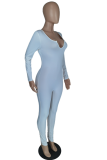 Blue Casual Solid Patchwork V Neck Skinny Jumpsuits