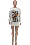 Grey O Neck Long Sleeve Print Tops