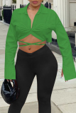Green Sexy Solid Backless Turndown Collar Long Sleeve Two Pieces