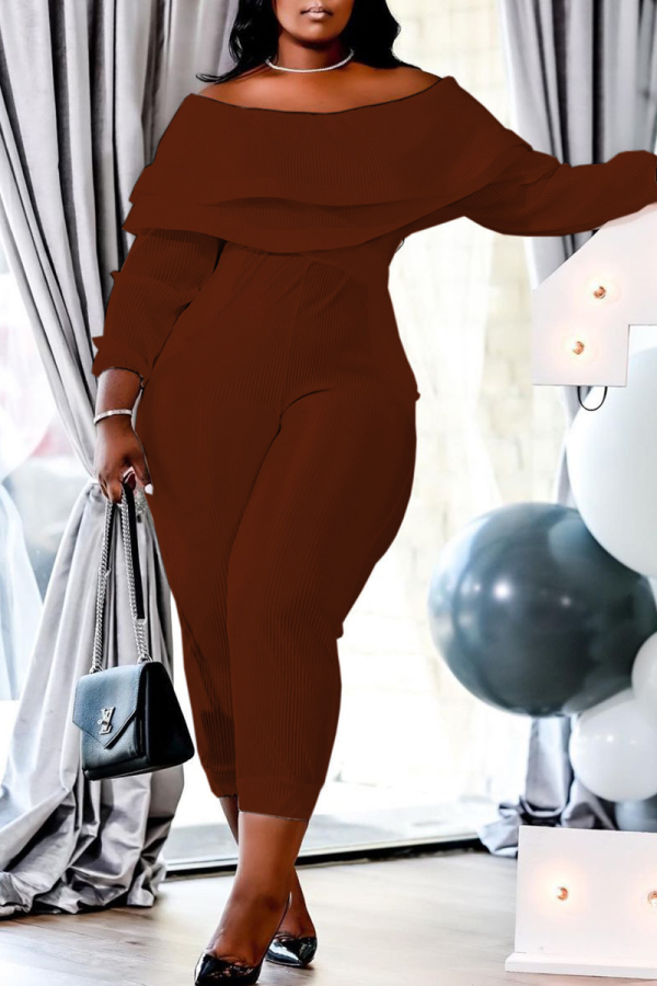 Khaki Casual Solid Patchwork Off the Shoulder Skinny Jumpsuits