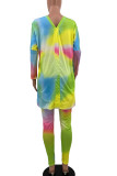 Rose Red Blue Casual Gradual Change Print Slit V Neck Long Sleeve Two Pieces
