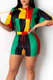 Multicolor Casual Color Lump Print Patchwork Hooded Collar Half Sleeve Two Pieces