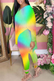 Rose Red Blue Casual Gradual Change Print Slit V Neck Long Sleeve Two Pieces