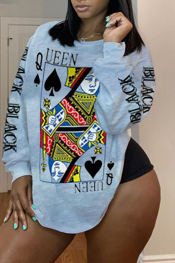 Grey O Neck Long Sleeve Print Tops