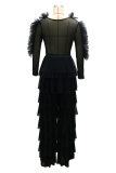 Black Fashion Sexy Patchwork See-through V Neck Long Sleeve Two Pieces