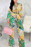 Multicolor Casual Print Bandage Split Joint Turndown Collar Long Sleeve Two Pieces