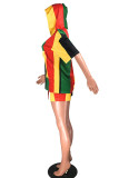 Multicolor Casual Color Lump Print Patchwork Hooded Collar Half Sleeve Two Pieces