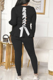 Black Casual Solid Bandage Split Joint Flounce O Neck Long Sleeve Two Pieces