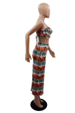 Coffee Sexy Print Patchwork Halter Sleeveless Two Pieces