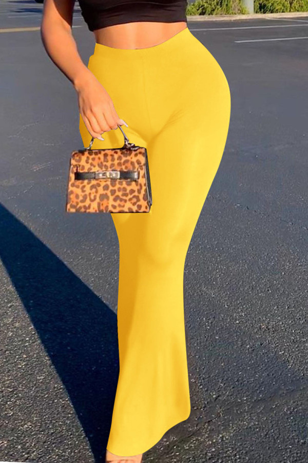 Yellow Casual Solid Boot Cut High Waist Speaker Solid Color Bottoms