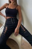 White Sexy Casual Solid Hollowed Out Patchwork Frenulum Straight High Waist Straight Solid Color Bottoms