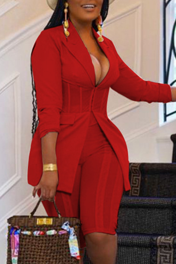 Red Casual Solid Patchwork Turndown Collar Long Sleeve Two Pieces