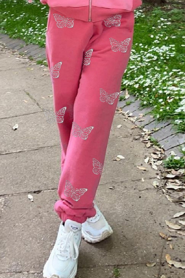 Pink Casual Butterfly Print Patchwork Harlan Mid Waist Harlan Full Print Bottoms