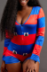 Blue Sexy Print Patchwork O Neck Skinny Rompers