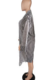 Grey Casual Striped Print Patchwork Buckle Turndown Collar Shirt Dress Dresses