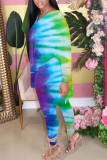 Rose Red Blue Casual Gradual Change Print Slit V Neck Long Sleeve Two Pieces