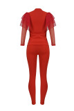 Red Casual Solid Patchwork See-through Mesh O Neck Long Sleeve Two Pieces