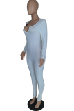 Blue Casual Solid Patchwork V Neck Skinny Jumpsuits