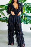 Black Fashion Sexy Patchwork See-through V Neck Long Sleeve Two Pieces