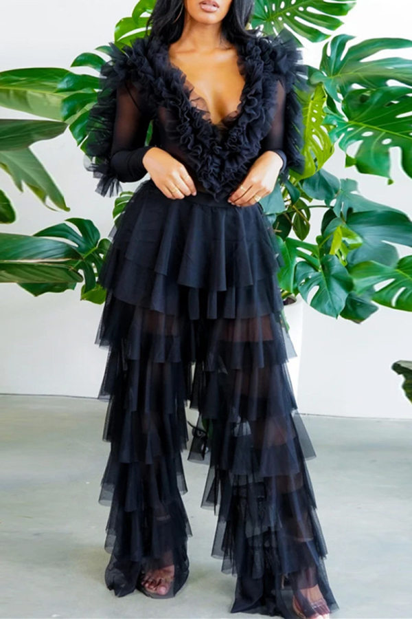Black Fashion Sexy Patchwork See-through V Neck Long Sleeve Two Pieces