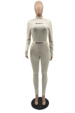 Khaki Fashion Casual Letter Embroidered Half A Turtleneck Long Sleeve Two Pieces