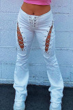 White Sexy Casual Solid Hollowed Out Patchwork Frenulum Straight High Waist Straight Solid Color Bottoms