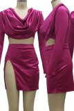 Rose Red Sexy Solid Patchwork U Neck Long Sleeve Two Pieces