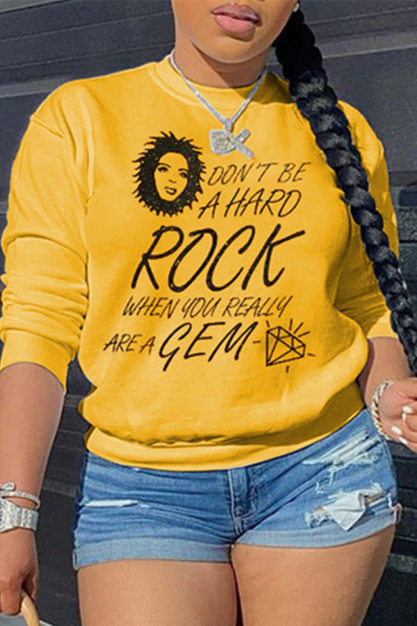 Yellow Fashion Casual Print Basic O Neck Tops