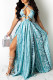 Light Blue Sexy Print Bandage Hollowed Out Patchwork Backless Halter A Line Dresses