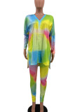 Rose Red Blue Casual Gradual Change Print Slit V Neck Long Sleeve Two Pieces