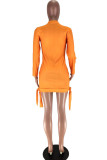 Orange Sexy Cap Sleeve Long Sleeves O neck Step Skirt Knee-Length bandage Print asymmetrical