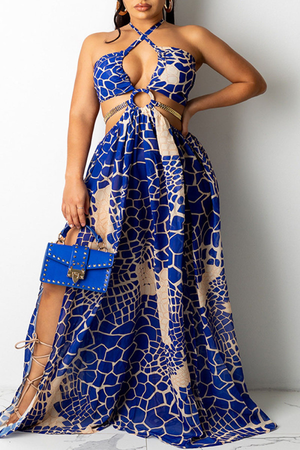 Blue Sexy Print Bandage Hollowed Out Patchwork Backless Halter A Line Dresses