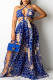 Blue Sexy Print Bandage Hollowed Out Patchwork Backless Halter A Line Dresses