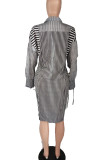 Grey Casual Striped Print Patchwork Buckle Turndown Collar Shirt Dress Dresses