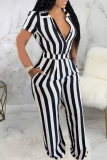 Black Casual Striped Patchwork Turndown Collar Straight Jumpsuits