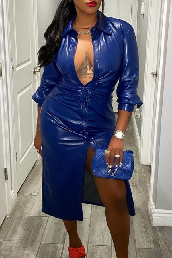Blue Casual Solid Patchwork Buckle Turndown Collar Outerwear