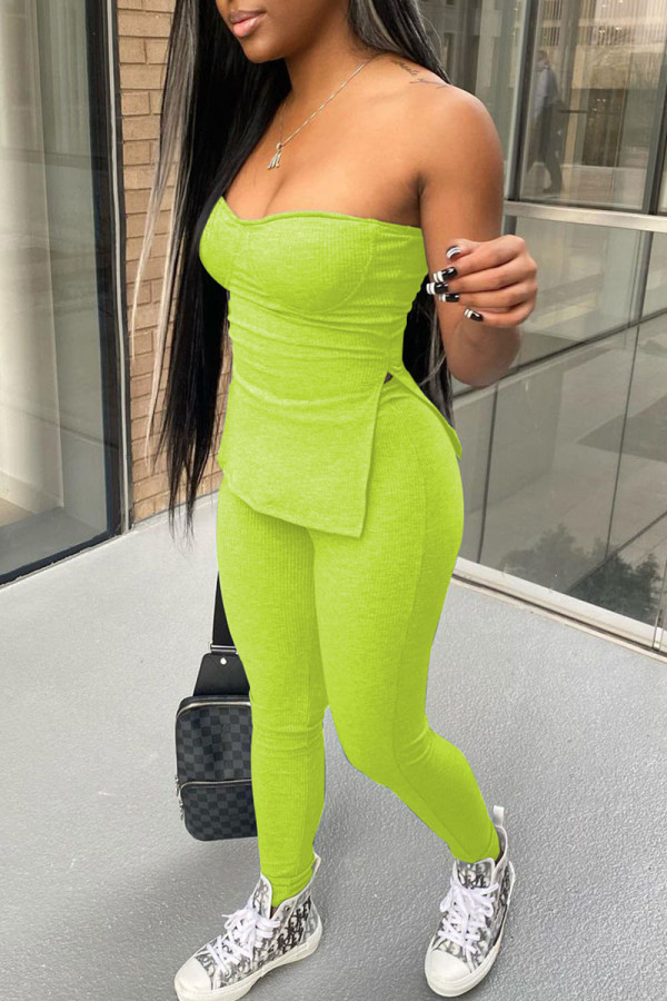 Fluorescent Green Street Solid Patchwork Slit Strapless Sleeveless Two Pieces