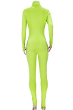 Fluorescent Green Sexy Solid Hollowed Out Patchwork Zipper Collar Skinny Jumpsuits