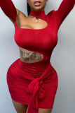 Red Sexy Solid Patchwork Half A Turtleneck Pencil Skirt Dresses
