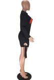 rose red Sexy Cap Sleeve Long Sleeves O neck Step Skirt Knee-Length bandage Print asymmetrical