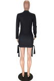 Black Sexy Cap Sleeve Long Sleeves O neck Step Skirt Knee-Length bandage Print asymmetrical