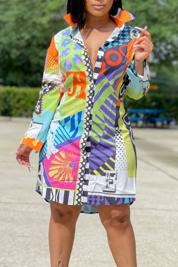 Multicolor Print Patchwork Buckle Turndown Collar Shirt Dress Dresses