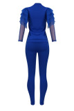 Blue Casual Solid Patchwork See-through Mesh O Neck Long Sleeve Two Pieces