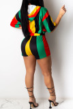 Multicolor Casual Color Lump Print Patchwork Hooded Collar Half Sleeve Two Pieces