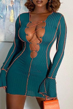 Green Sexy Solid Hollowed Out V Neck Pencil Skirt Dresses